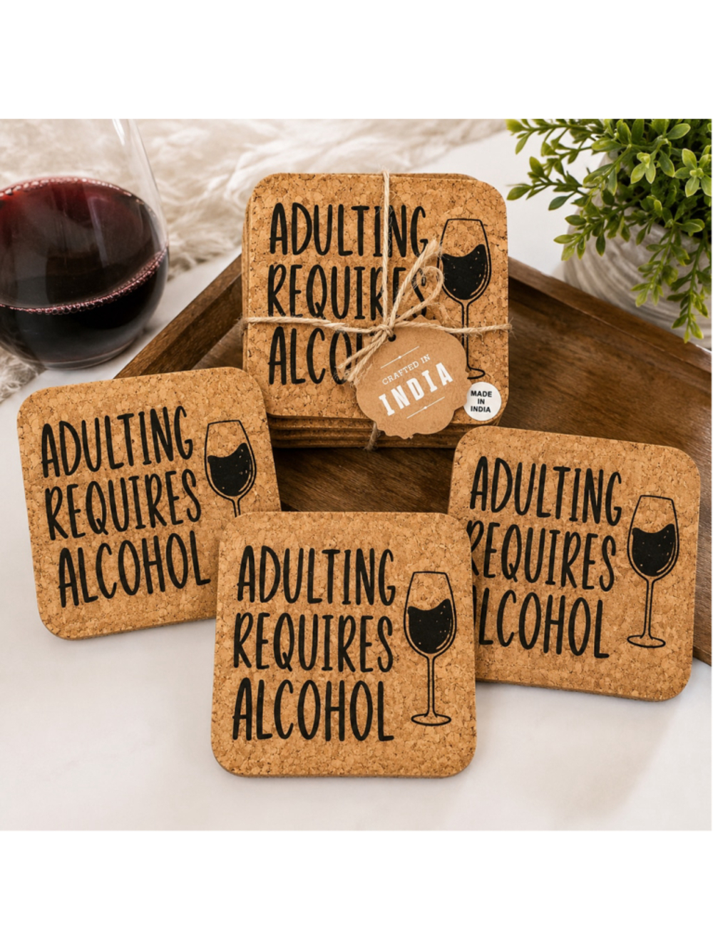 Adulting Requires Alcohol Cork Coaster Set of 4 | Funny Wine Drink Coasters | Ne